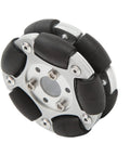 Kadimendium robot omni wheel with 60mm aluminium hub and black rollers; 360-degree rotation, mounting screws