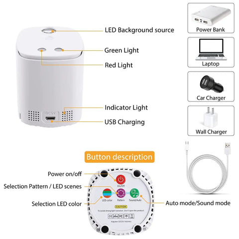 Sound Activated Laser Party Lights For DJs And Home Parties device with LED indicators and USB charging, button functions labeled
