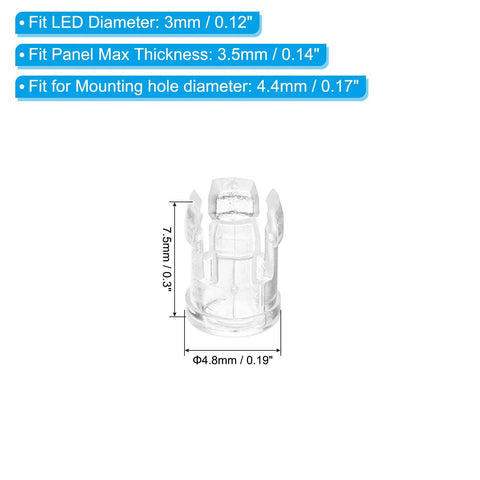 3mm LED Holder Clip Mounting Bracket Socket Cap For Lamp Bezel Panel Display Transparent PC Plastic 100 Pack shown with dimensions