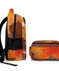 Side and top view of Warm Fall Maple Landscape Backpack For Men And Women, Unisex Large Capacity Daypack with sturdy zipper.