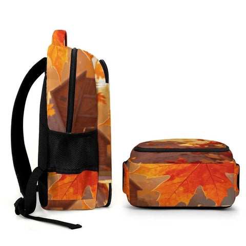 Side and top view of Warm Fall Maple Landscape Backpack For Men And Women, Unisex Large Capacity Daypack with sturdy zipper.