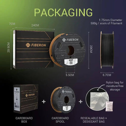 Fiberon PA612 CF15 Carbon Fiber Nylon Filament 1.75mm Black 0.5kg packaging with spool, box, and resealable bag