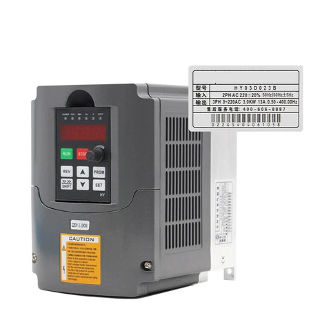 220V 3.0kW VFD Variable Frequency Drive Inverter For CNC Machines, 1HP Or 3HP Input, 3HP Output, CNC Driver And Motor Speed Control, Smooth Start, High Torque, Workhorse 220V Power front view with keypad and vents
