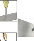 Badass 5-Inch Automatic Center Punch Gold Carbon Steel Push Tip marks metal with precision on steel surface.