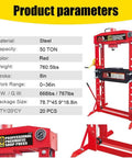50 Ton Hydraulic Shop Press, Heavy Duty H Frame Floor Press with Adjustable Height, steel parameters, red color, garage tool