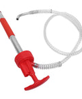 The Ultimate Portable Oil Hand Pump For 5 Gallon Drums with red handle and clear hose for efficient fluid transfer.