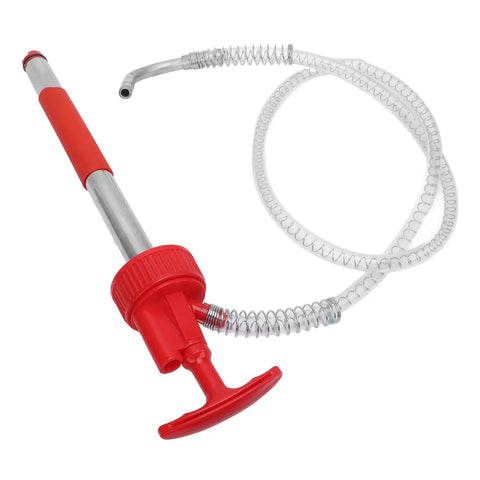 The Ultimate Portable Oil Hand Pump For 5 Gallon Drums with red handle and clear hose for efficient fluid transfer.