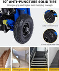 10" anti-puncture solid tire on a professional grade electric stair climbing dolly for superior grip and load-bearing capacity.