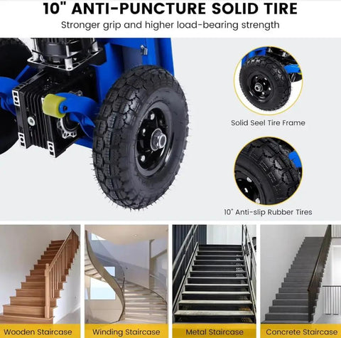10" anti-puncture solid tire on a professional grade electric stair climbing dolly for superior grip and load-bearing capacity.