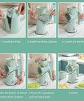 Le d Affaires 5-in-1 green hand-crank kitchen grater and slicer; six-panel collage showing assembly and use.