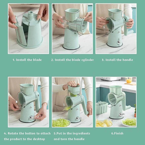 Le d Affaires 5-in-1 green hand-crank kitchen grater and slicer; six-panel collage showing assembly and use.