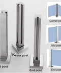 Built Different Stainless Steel Glass Railing Posts With Square Tube Design And Adjustable Heights For Indoor Hallways Outdoor Decks Pool Areas And Stairs Featuring A Rust Proof Brushed Finish With mid, corner, and end posts.