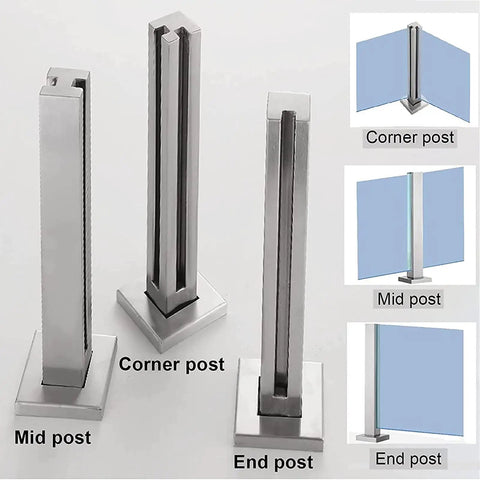 Built Different Stainless Steel Glass Railing Posts With Square Tube Design And Adjustable Heights For Indoor Hallways Outdoor Decks Pool Areas And Stairs Featuring A Rust Proof Brushed Finish With mid, corner, and end posts.