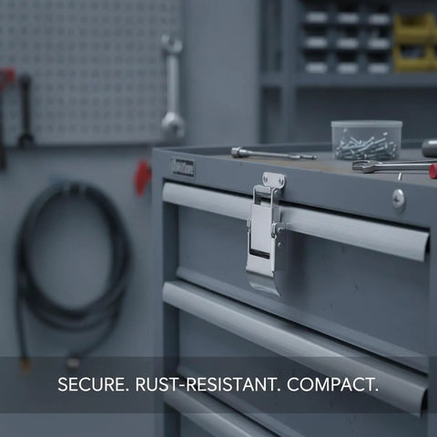 Stainless Steel Toggle Latch For Toolboxes And Storage Cases With Easy Pull To Lock Design on grey toolbox in workshop.