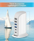 45W Fast Charging USB Station With Dual Type C Ports And Multiport USB Hub Organizer against a sailboat backdrop