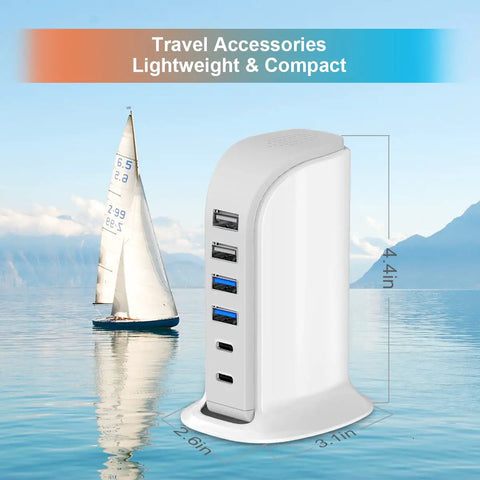 45W Fast Charging USB Station With Dual Type C Ports And Multiport USB Hub Organizer against a sailboat backdrop