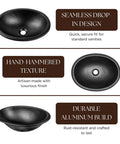 17 Inch Oval Drop In Matte Black Bathroom Sink With Hand Hammered Finish, showing seamless design and durable aluminum build.