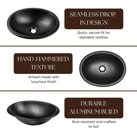 17 Inch Oval Drop In Matte Black Bathroom Sink With Hand Hammered Finish, showing seamless design and durable aluminum build.