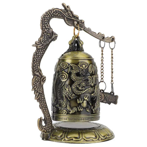 Vintage Bronze Dragon Lock Bell, 5 inch handcrafted ornament with decorative dragon details, perfect for home decor display.