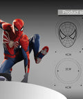 Superhero figurine in action pose with product size diagram highlighting dimensions