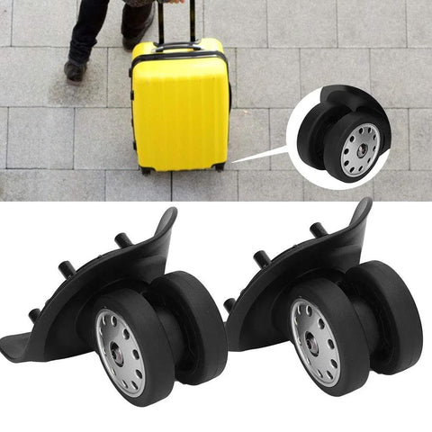 Multihole Suitcase Wheel Set In Black Universal Luggage Replacement Wheels Pair With Braked Stop Function shown with yellow suitcase
