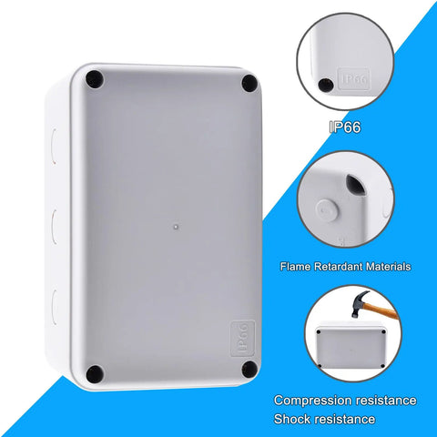 IP66 Waterproof Outdoor Junction Box Weatherproof Electrical Enclosure White 7.125 by 4.5 by 4 in for Garden CCTV Garage DIY Wiring 200 Pack Heavy Duty Weather Resistant, white PVC/ABS, front view