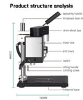 Side view of compact benchtop drill press structure with labels, 215mm height, 180mm depth, for wood and metal drilling.