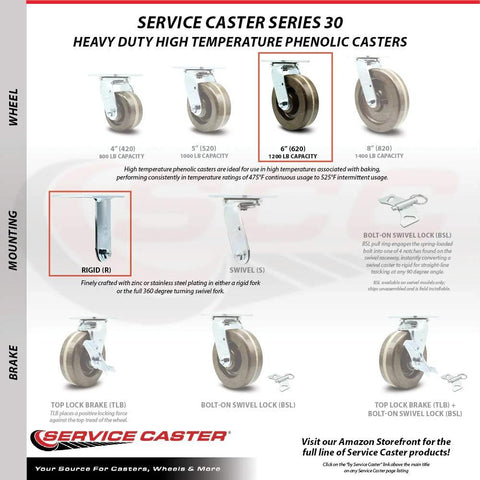 Front view: Service Caster 6-inch high-temp phenolic top-plate casters set of 4 (2 swivel with brakes, 2 rigid)