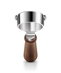 Top Shelf 58mm Bottomless Portafilter With Smooth Walnut Grip For Breville Dual Boiler And Oracle Series Home Barista Upgrade, stainless steel and walnut.