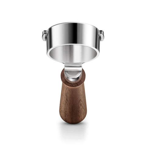 Top Shelf 58mm Bottomless Portafilter With Smooth Walnut Grip For Breville Dual Boiler And Oracle Series Home Barista Upgrade, stainless steel and walnut.