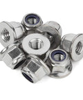 M6 1.0 Nylon Insert Flange Lock Nuts Stainless Steel 304 DIN 6926 Bright Finish 25 Pack close-up view