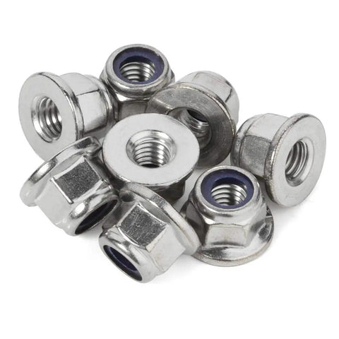 M6 1.0 Nylon Insert Flange Lock Nuts Stainless Steel 304 DIN 6926 Bright Finish 25 Pack close-up view