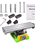 Components of 6350 Size Mini Multifunction Milling Work Table For Bench Drill Press With Adjustable X Y Cross Table and tools