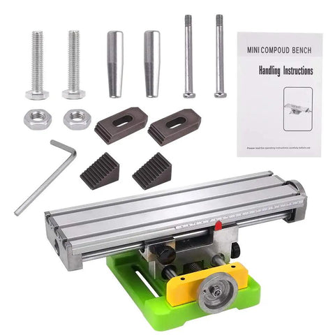Components of 6350 Size Mini Multifunction Milling Work Table For Bench Drill Press With Adjustable X Y Cross Table and tools