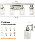 Dimensions for Four Light Brushed Nickel Bathroom Vanity Light With Clear Glass Shades, E26 base, bulbs not included.