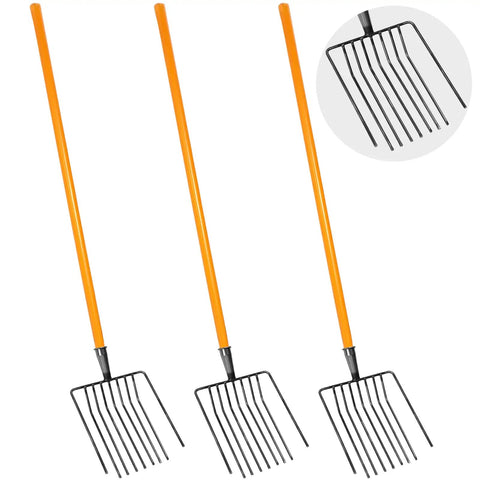Three Sets Pitch Forks For Gardening With Long 47.2 Inch Hardwood Handles 9 Tine Wide Mulch Forks Heavy Duty Horse Stall Forks