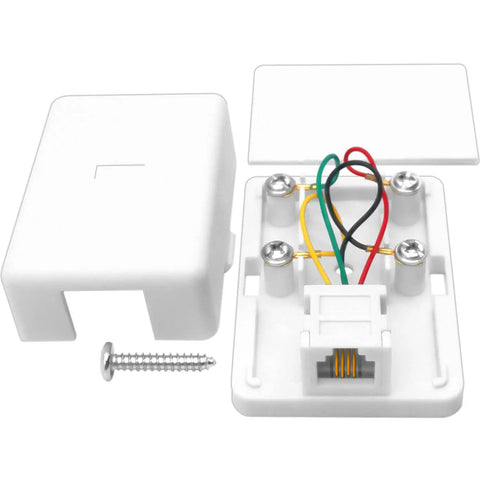 Top Shelf Surface Mount Single Port RJ11 Phone Jack With Four Screw Terminals For Smooth Landline Fax Hookup Hassle Free Install Works Flawlessly On Any Standard White Wall Plate, showing open housing and wiring.