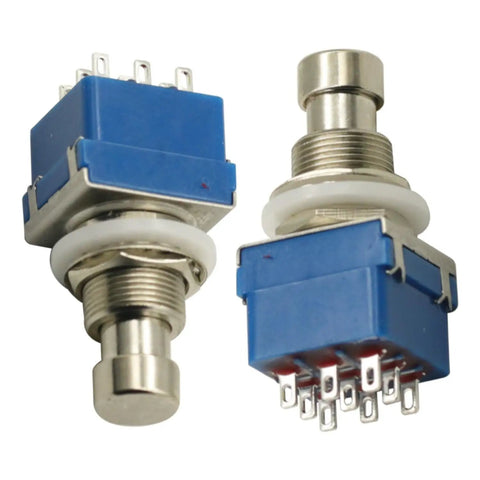 Three 3PDT Footswitches For Guitar Effects Pedals 9 Pin Stomp Box Metal Switch True Bypass Great For Rewiring Vintage Pedals And Keeping Your Tone Clean And Uncolored In The Signal Chain. Two blue and silver metal switches with white washers and nine pins each.