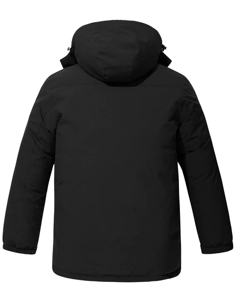 Back view of Big And Tall Mountain Ski Jacket For Men Waterproof And Windproof Snow Coat With Warm Lining And Ample Pockets Available In Tall And Big Sizes Up To 6X Large Perfect Cold Weather Rain Snow Gear in black.