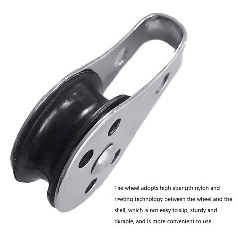 Two Pack 316 Stainless Steel Pulley Set With Nylon Wheels, 45x26mm heavy duty cable roller, rust resistant, close-up view