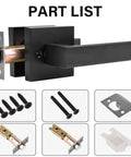 Image showing parts of Heavy Duty Hall And Closet Door Lock With Square Lever Matte Black Zinc Alloy For Passage Doors Reversible