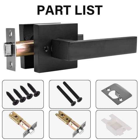 Image showing parts of Heavy Duty Hall And Closet Door Lock With Square Lever Matte Black Zinc Alloy For Passage Doors Reversible