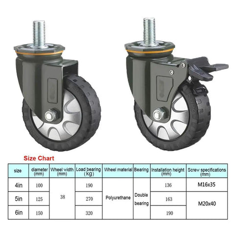 Rugged Four Wheel Castors With 360 Degree Swivel And Brakes 1000 Kg Load Capacity 125 Mm Wheel Industrial Equipment Transport Floor Safe Rubber Wheels With Non Slip Grooves Ideal For Furniture And Machinery, 125mm polyurethane braked caster