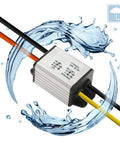Beefy 12V To 5V Car DC Converter Waterproof Buck Regulator with aluminum case and silicone seal, surrounded by water splash effect