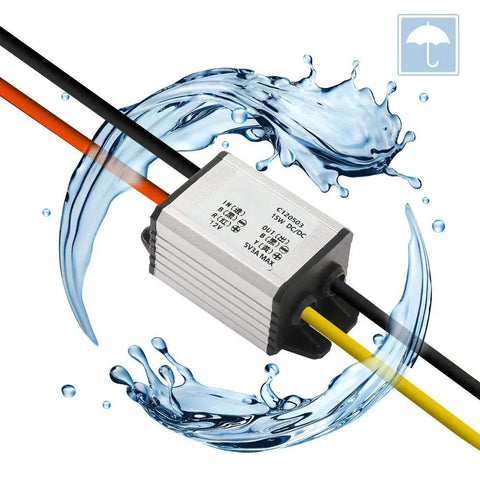 Beefy 12V To 5V Car DC Converter Waterproof Buck Regulator with aluminum case and silicone seal, surrounded by water splash effect
