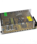 Universal 12V 5A Dual Output Switching Power Supply For CCTV Cameras LED Strips Pixel Lights Radios And Raspberry Pi Projects Converts 110V 220V AC To 12V DC Adjustable Output Ten Percent Tolerance Built In Short Circuit And Overload Protection, metal casing, side view.