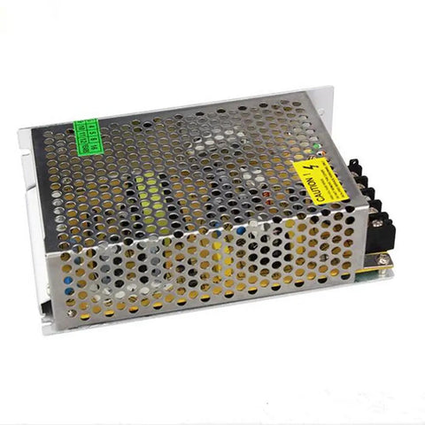 Universal 12V 5A Dual Output Switching Power Supply For CCTV Cameras LED Strips Pixel Lights Radios And Raspberry Pi Projects Converts 110V 220V AC To 12V DC Adjustable Output Ten Percent Tolerance Built In Short Circuit And Overload Protection, metal casing, side view.