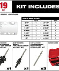 This Awesome 19-Piece Bi-Metal Hole Saw Kit With Arbors Drill Bits And Adapter Fits Milwaukee Tools Perfectly For Wood Metal Steel Work Included In Tough Carrying Case For Easy Storage On The Job Site. 19-piece kit includes 3/4" to 4-3/4" hole saws, arbors, pilot bits, and case