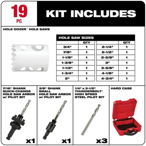 This Awesome 19-Piece Bi-Metal Hole Saw Kit With Arbors Drill Bits And Adapter Fits Milwaukee Tools Perfectly For Wood Metal Steel Work Included In Tough Carrying Case For Easy Storage On The Job Site. 19-piece kit includes 3/4" to 4-3/4" hole saws, arbors, pilot bits, and case