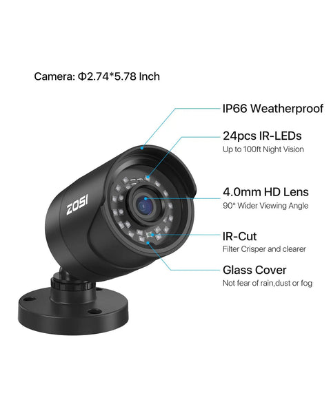 Camera from 5MP 3K Lite CCTV Security System With AI Human And Vehicle Detection, IP66 weatherproof, 1080P, night vision.